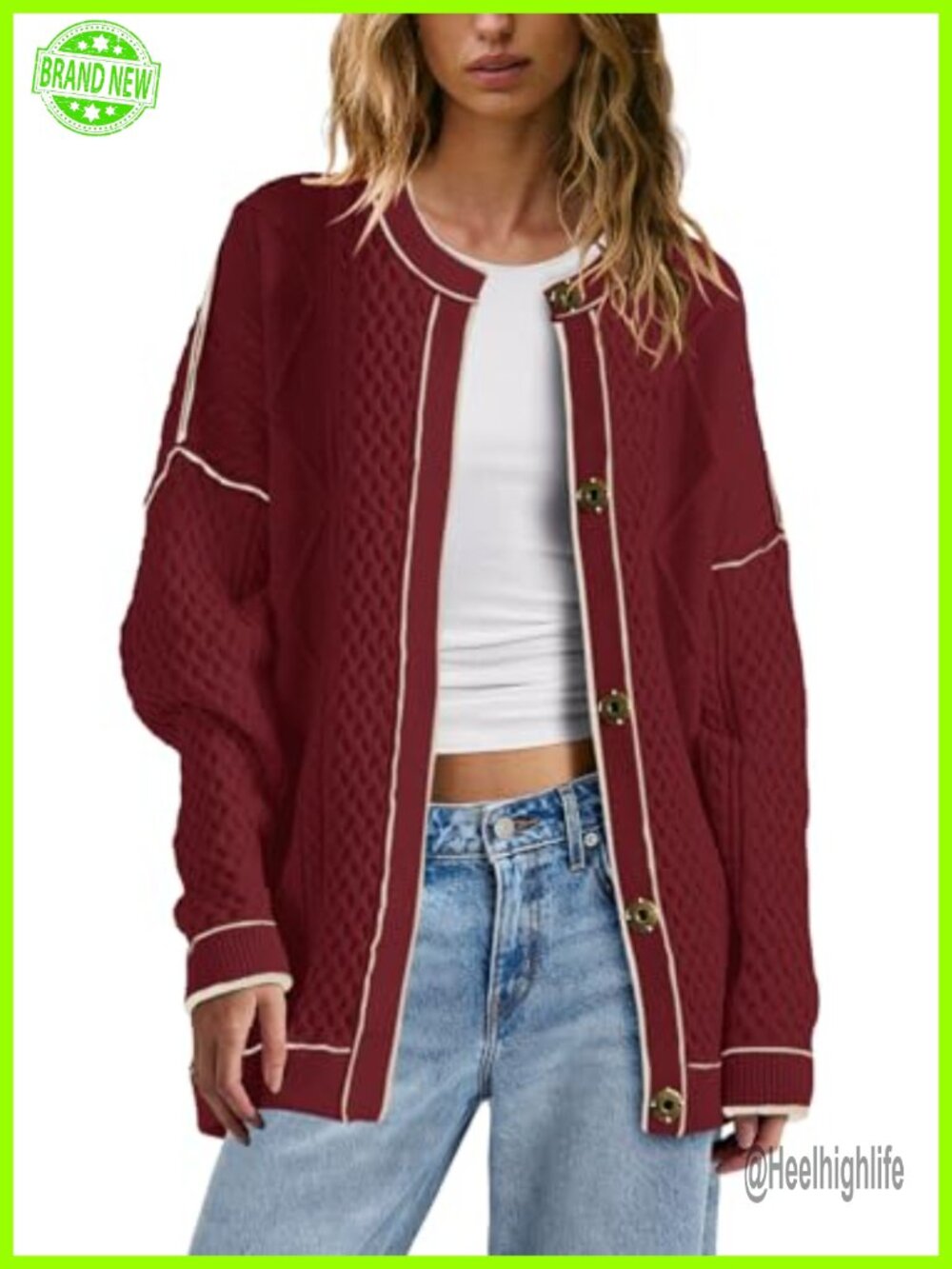 Oversized Cable Knit Button Down Cardigan Sweater with Pockets